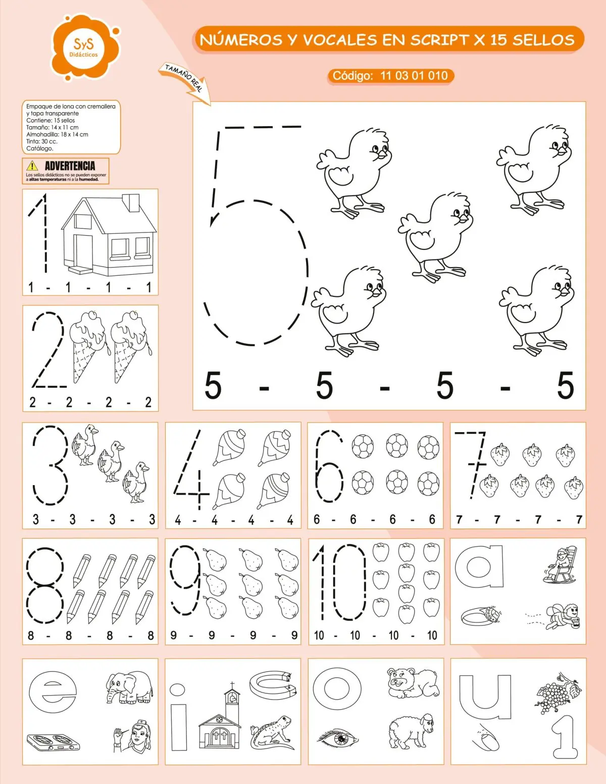 NUMEROS Y VOCALES EN SCRIPT X 15 SELLOS DE 14X11CM